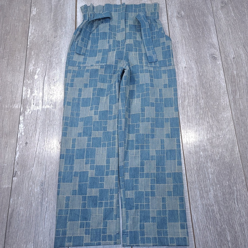 Sezane Trousers Women 36 Blue Geometric Jacquard Paperbag Waist Wide Leg Pants